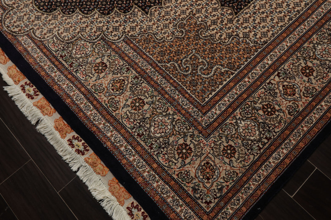 8x11 Midnight Blue, Ivory, Rose Color Hand Knotted Tabriz Wool Traditional Oriental Rug