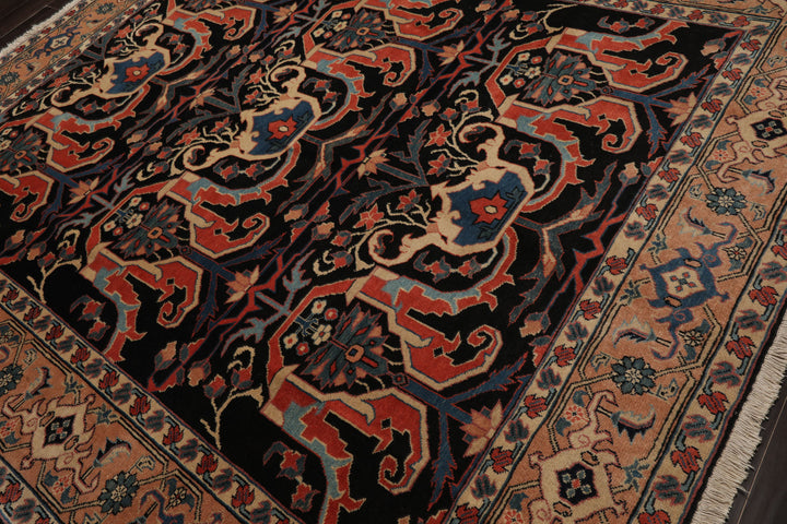 8x9 Charcoal, Coral, Peach Color Hand Knotted Heriz Wool Traditional Oriental Rug