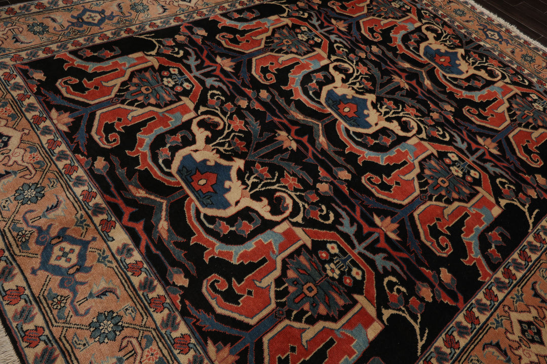 8x9 Charcoal, Coral, Peach Color Hand Knotted Heriz Wool Traditional Oriental Rug