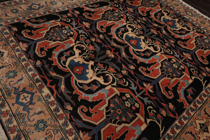 8x9 Charcoal, Coral, Peach Color Hand Knotted Heriz Wool Traditional Oriental Rug