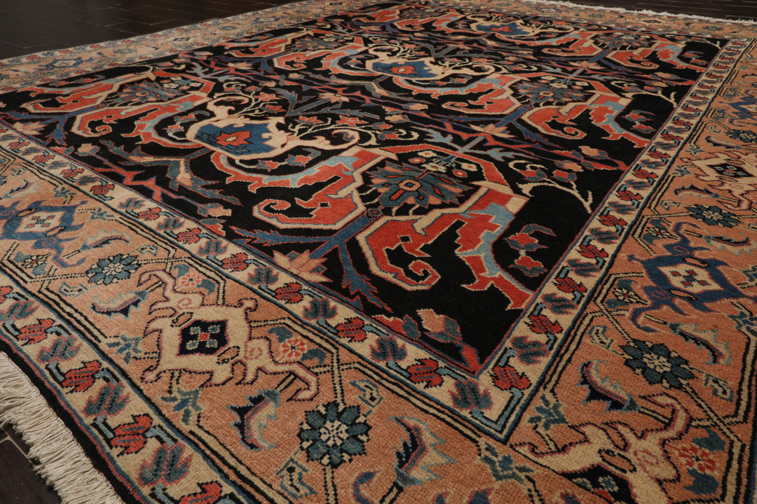 8x9 Charcoal, Coral, Peach Color Hand Knotted Heriz Wool Traditional Oriental Rug