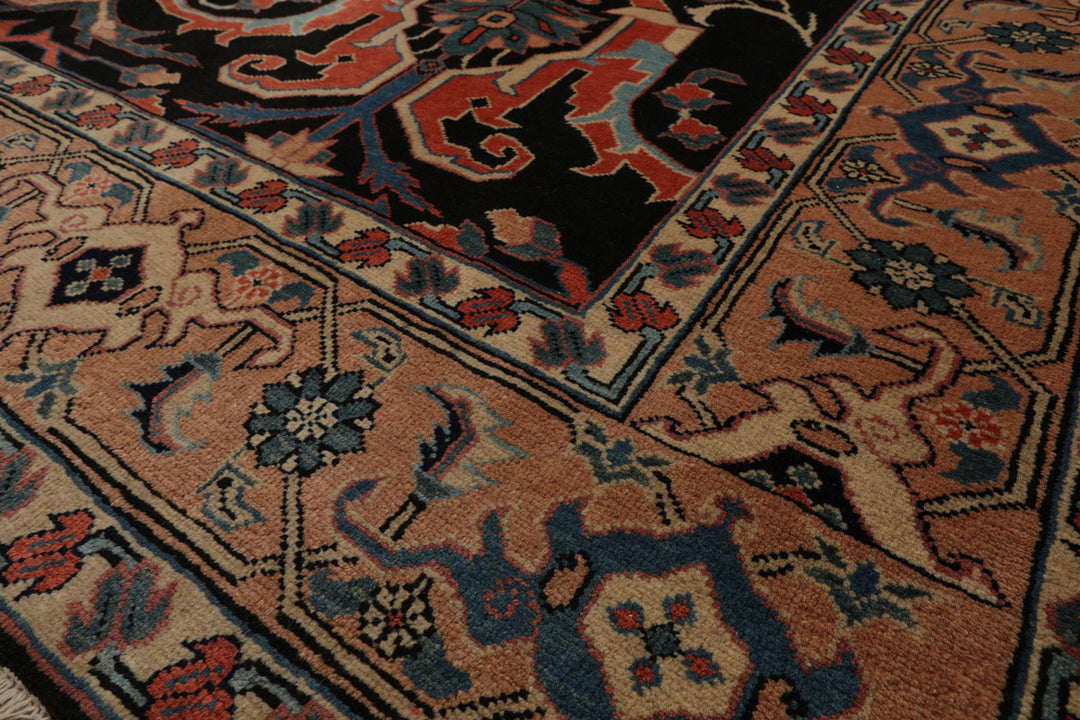 8x9 Charcoal, Coral, Peach Color Hand Knotted Heriz Wool Traditional Oriental Rug