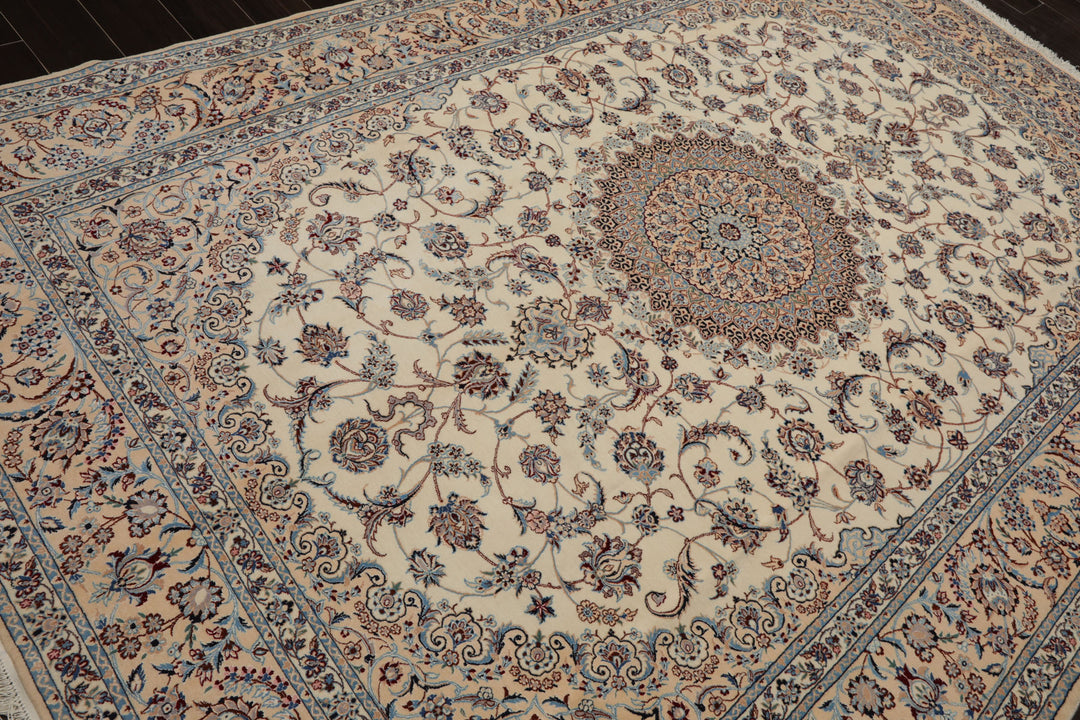 7x10 Ivory, Peach, Blue Color Hand Knotted Nain Wool & Silk Traditional Oriental Rug