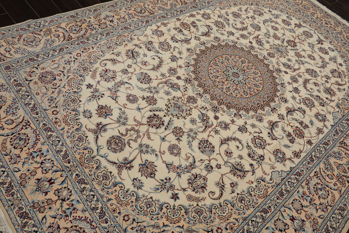 7x10 Ivory, Peach, Blue Color Hand Knotted Nain Wool & Silk Traditional Oriental Rug