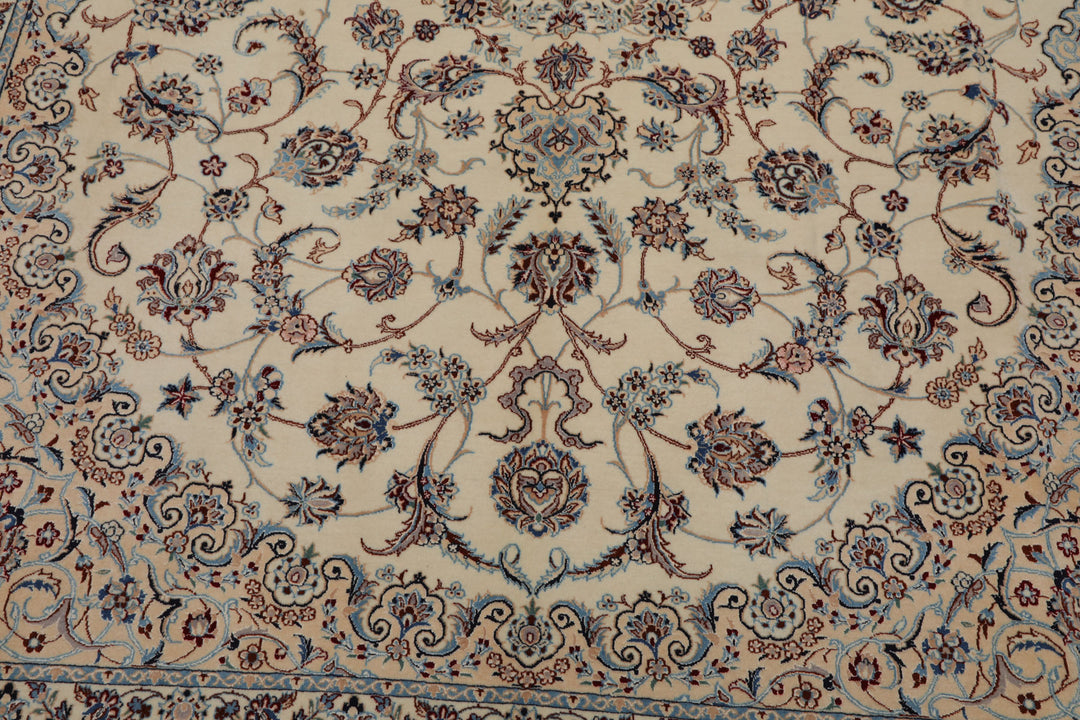 7x10 Ivory, Peach, Blue Color Hand Knotted Nain Wool & Silk Traditional Oriental Rug