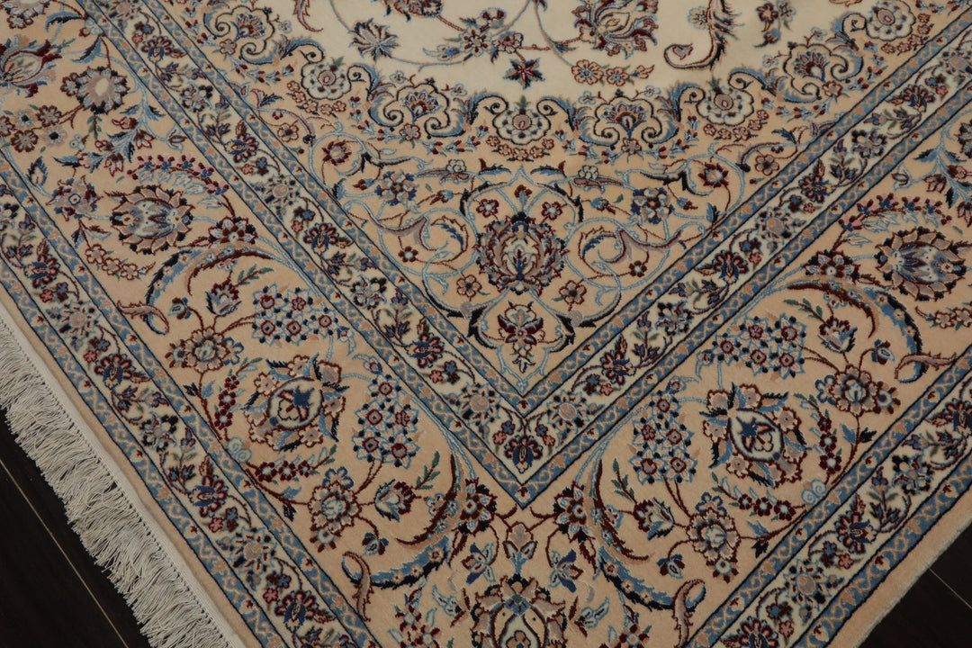 7x10 Ivory, Peach, Blue Color Hand Knotted Nain Wool & Silk Traditional Oriental Rug