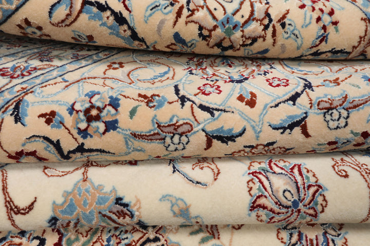 7x10 Ivory, Peach, Blue Color Hand Knotted Nain Wool & Silk Traditional Oriental Rug