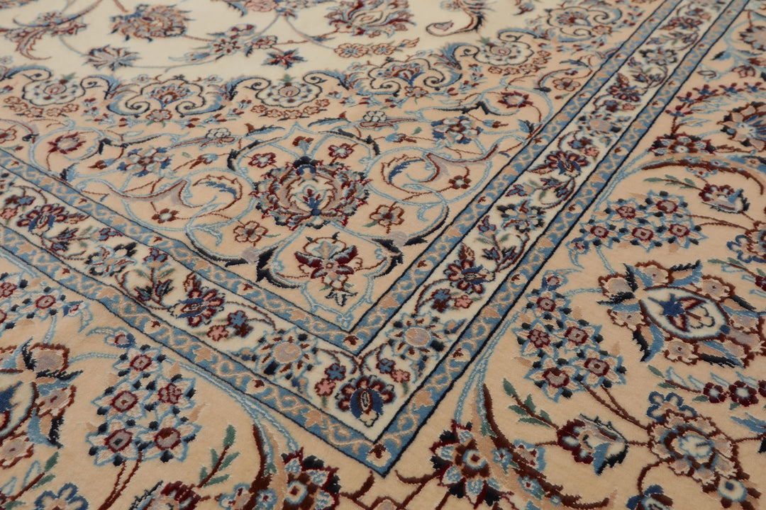 7x10 Ivory, Peach, Blue Color Hand Knotted Nain Wool & Silk Traditional Oriental Rug