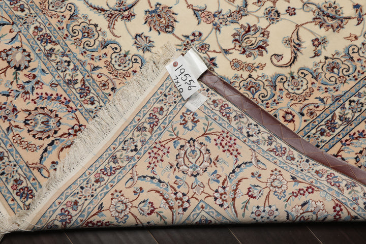 7x10 Ivory, Peach, Blue Color Hand Knotted Nain Wool & Silk Traditional Oriental Rug