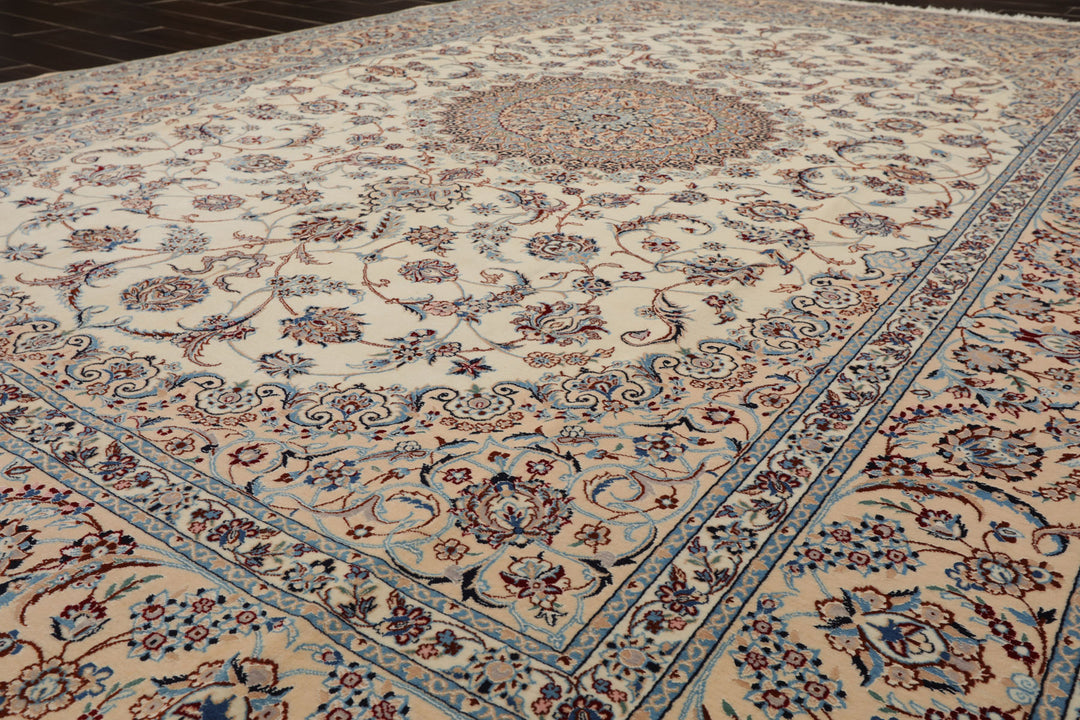 7x10 Ivory, Peach, Blue Color Hand Knotted Nain Wool & Silk Traditional Oriental Rug