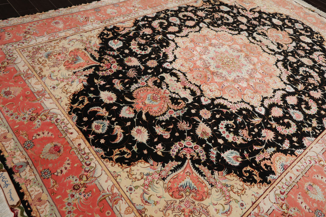 8x11 Black, Rose, Ivory Color Hand Knotted Tabriz Wool & Silk Traditional Oriental Rug