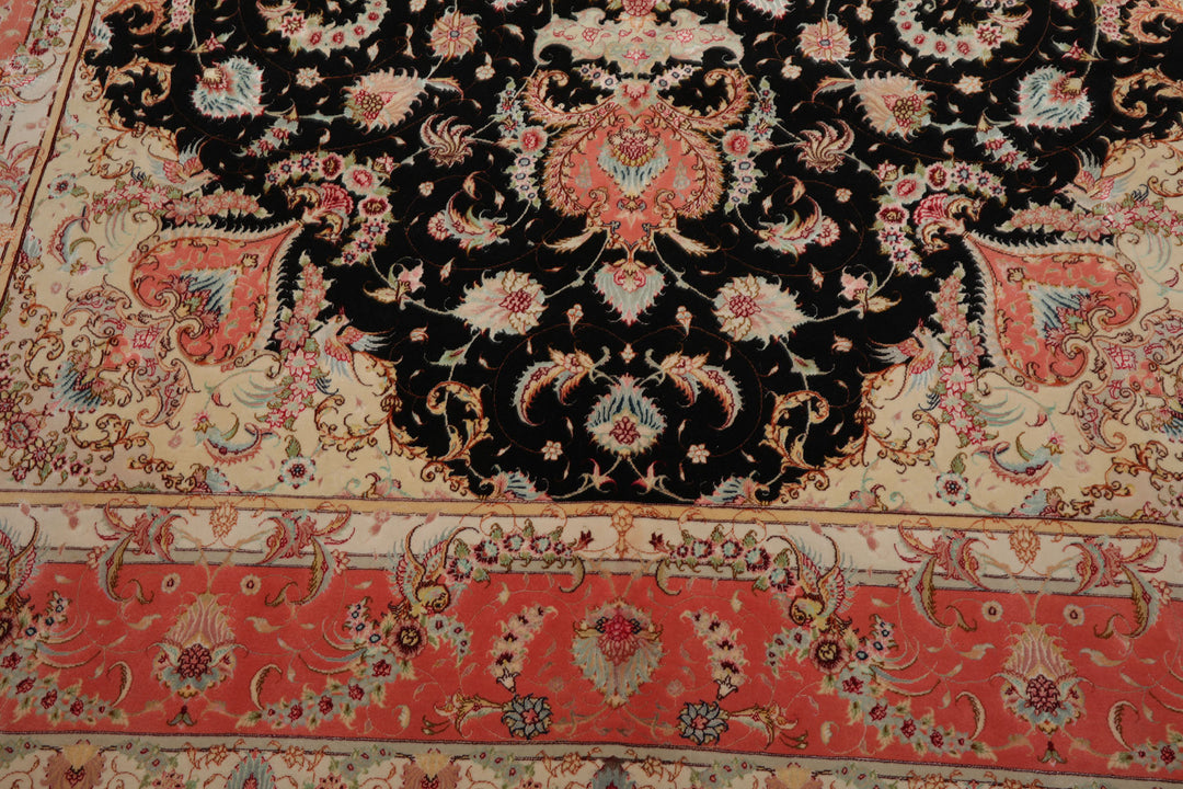 8x11 Black, Rose, Ivory Color Hand Knotted Tabriz Wool & Silk Traditional Oriental Rug