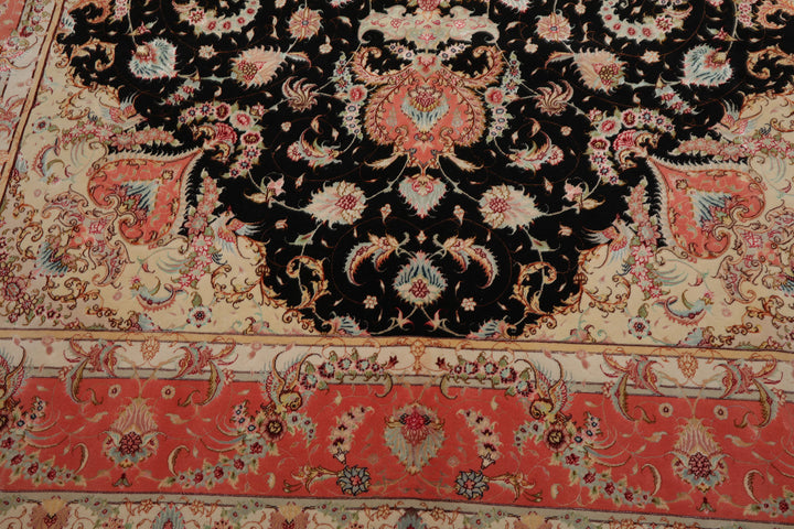 8x11 Black, Rose, Ivory Color Hand Knotted Tabriz Wool & Silk Traditional Oriental Rug