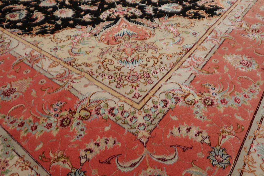 8x11 Black, Rose, Ivory Color Hand Knotted Tabriz Wool & Silk Traditional Oriental Rug