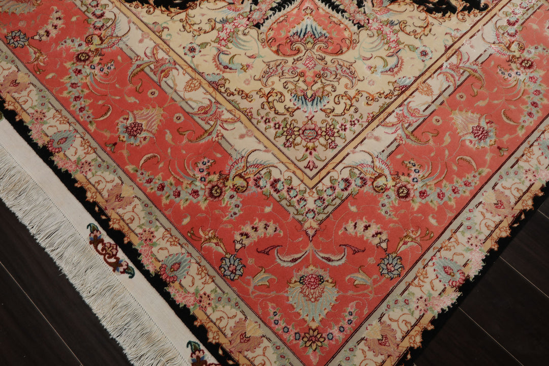 8x11 Black, Rose, Ivory Color Hand Knotted Tabriz Wool & Silk Traditional Oriental Rug
