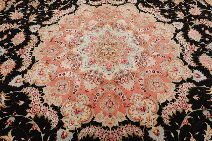 8x11 Black, Rose, Ivory Color Hand Knotted Tabriz Wool & Silk Traditional Oriental Rug