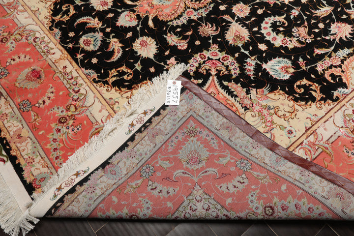 8x11 Black, Rose, Ivory Color Hand Knotted Tabriz Wool & Silk Traditional Oriental Rug