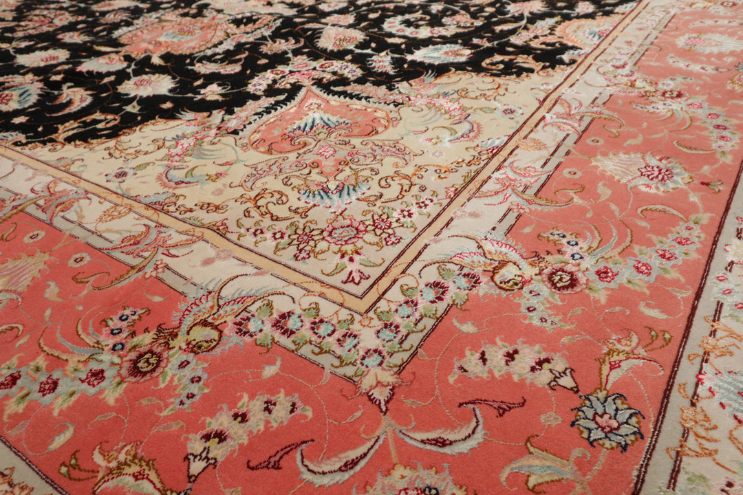 8x11 Black, Rose, Ivory Color Hand Knotted Tabriz Wool & Silk Traditional Oriental Rug