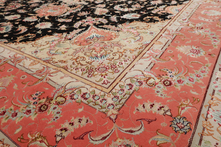8x11 Black, Rose, Ivory Color Hand Knotted Tabriz Wool & Silk Traditional Oriental Rug