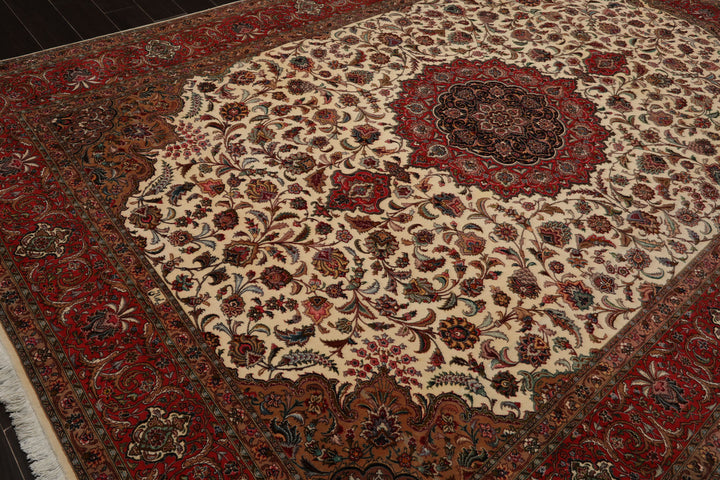 8x12 Ivory, Rose, Tan Color Hand Knotted Tabriz Wool Traditional Oriental Rug