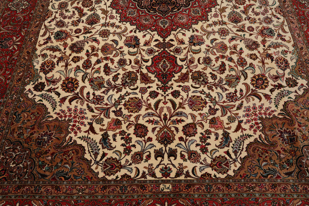 8x12 Ivory, Rose, Tan Color Hand Knotted Tabriz Wool Traditional Oriental Rug