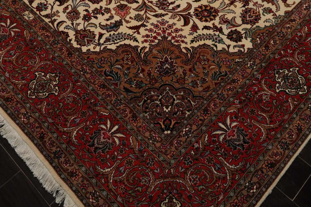 8x12 Ivory, Rose, Tan Color Hand Knotted Tabriz Wool Traditional Oriental Rug