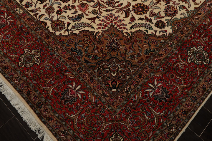 8x12 Ivory, Rose, Tan Color Hand Knotted Tabriz Wool Traditional Oriental Rug