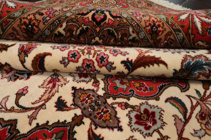 8x12 Ivory, Rose, Tan Color Hand Knotted Tabriz Wool Traditional Oriental Rug