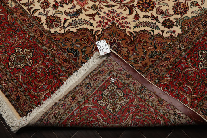 8x12 Ivory, Rose, Tan Color Hand Knotted Tabriz Wool Traditional Oriental Rug