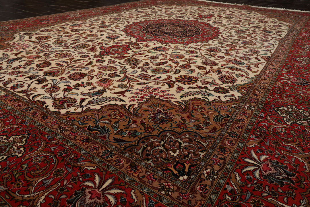 8x12 Ivory, Rose, Tan Color Hand Knotted Tabriz Wool Traditional Oriental Rug