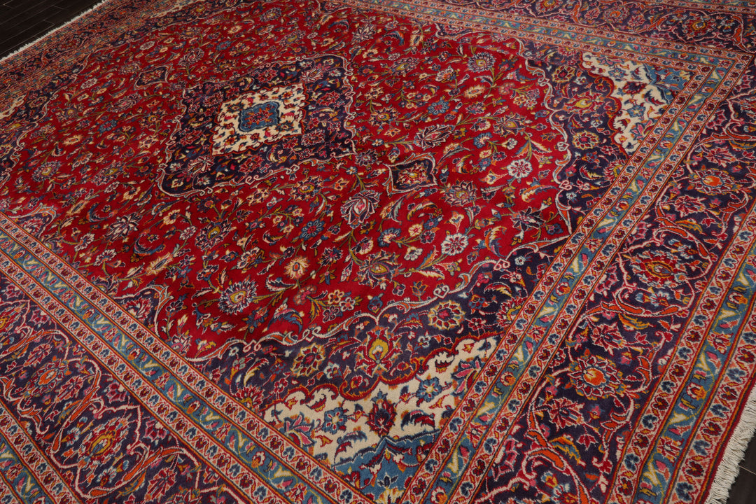 9x13 Red, Indigo, Ivory Color Hand Knotted Kashan Wool Traditional Oriental Rug
