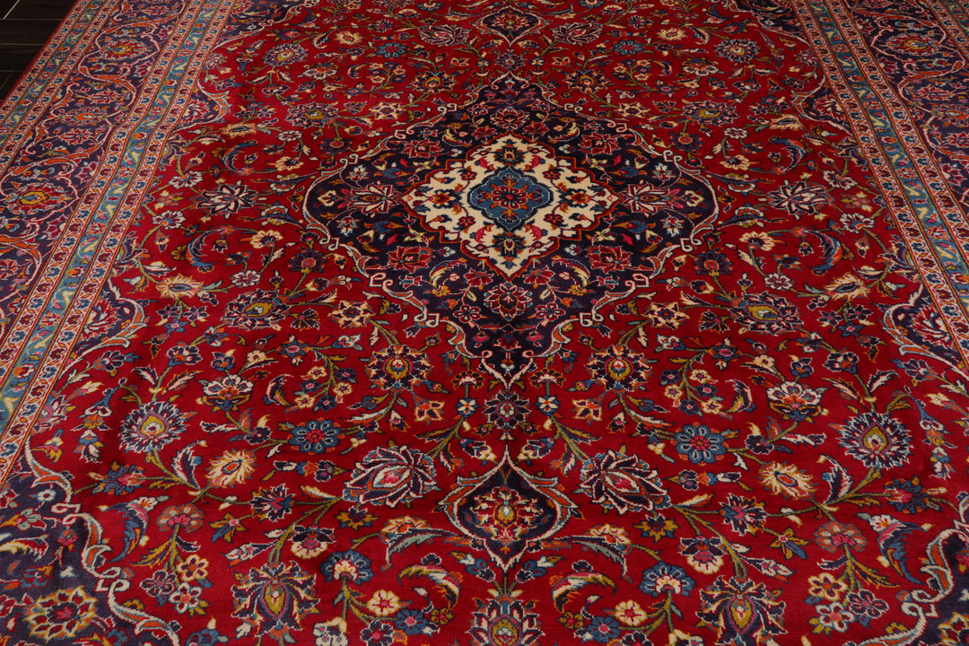 9x13 Red, Indigo, Ivory Color Hand Knotted Kashan Wool Traditional Oriental Rug