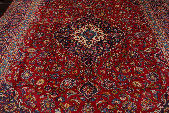9x13 Red, Indigo, Ivory Color Hand Knotted Kashan Wool Traditional Oriental Rug