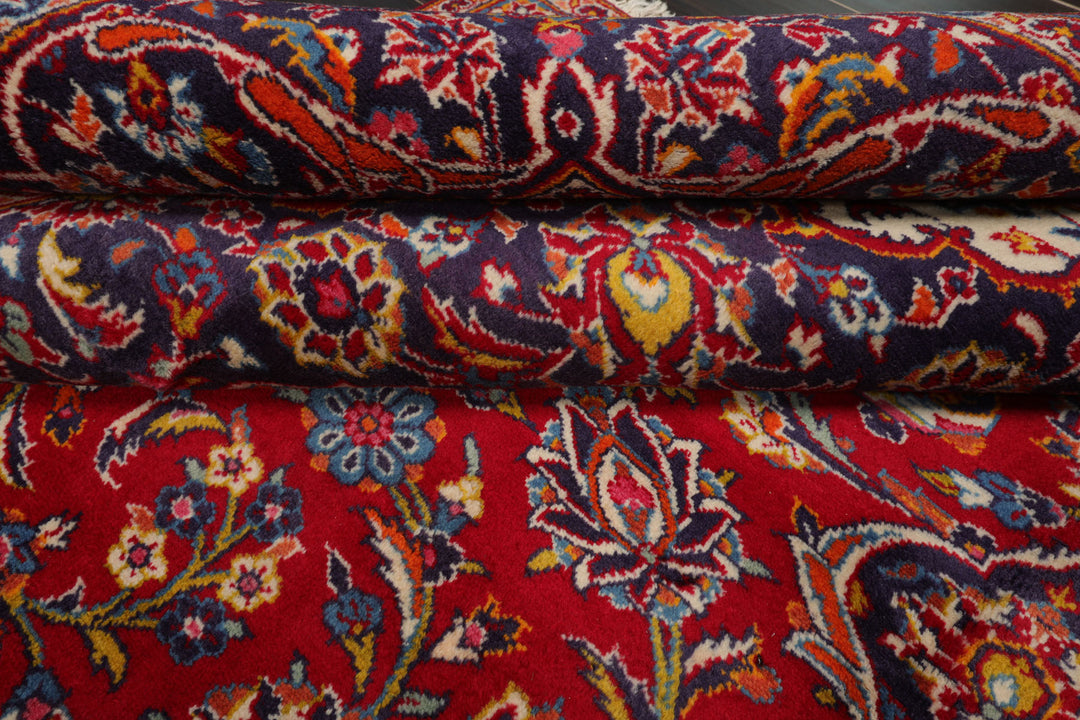 9x13 Red, Indigo, Ivory Color Hand Knotted Kashan Wool Traditional Oriental Rug