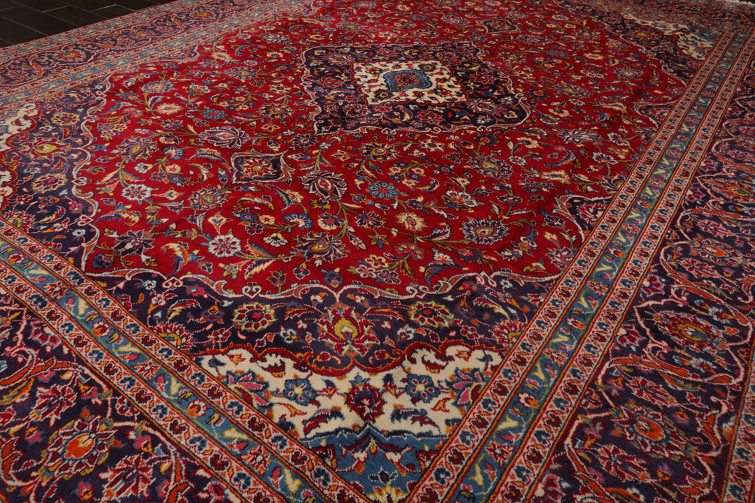 9x13 Red, Indigo, Ivory Color Hand Knotted Kashan Wool Traditional Oriental Rug