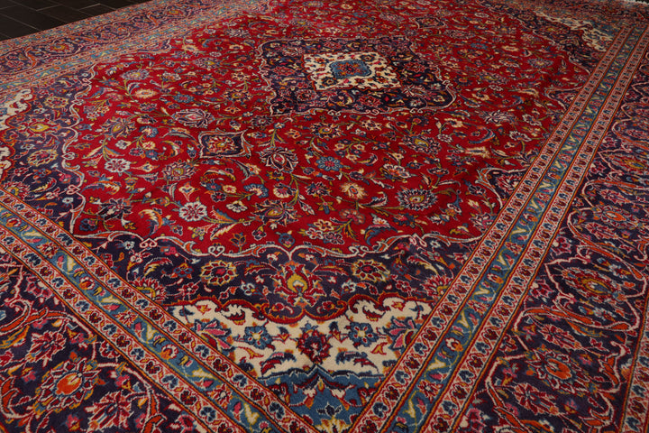 9x13 Red, Indigo, Ivory Color Hand Knotted Kashan Wool Traditional Oriental Rug