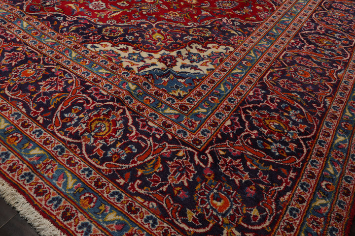 9x13 Red, Indigo, Ivory Color Hand Knotted Kashan Wool Traditional Oriental Rug