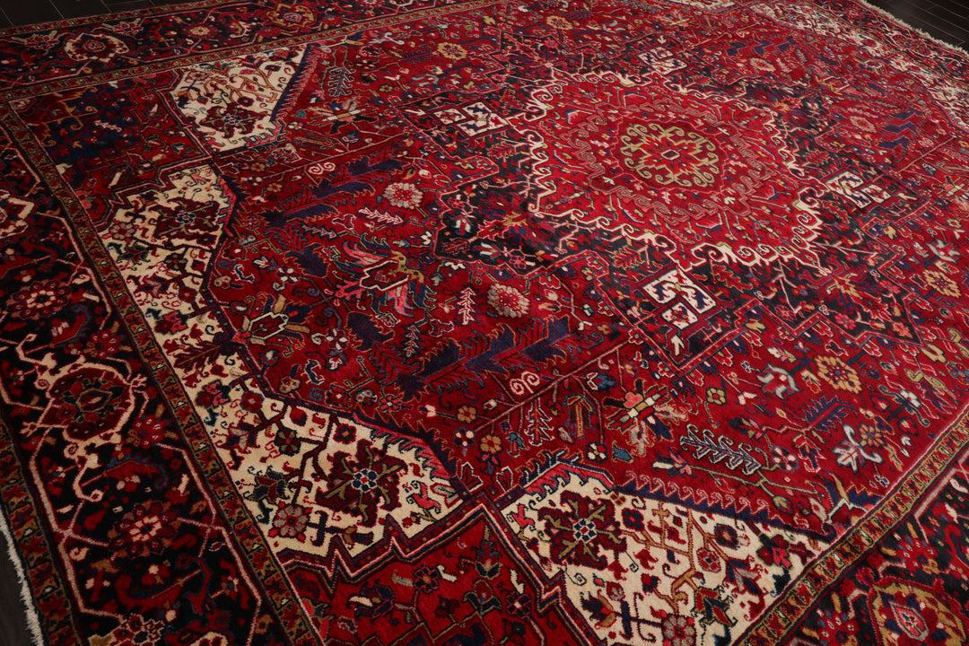 10x13 Red, Navy, Ivory Color Hand Knotted Heriz Wool Traditional Oriental Rug