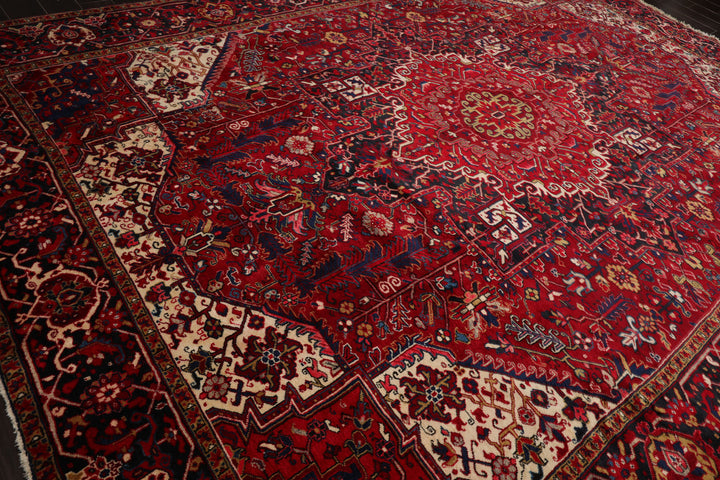10x13 Red, Navy, Ivory Color Hand Knotted Heriz Wool Traditional Oriental Rug