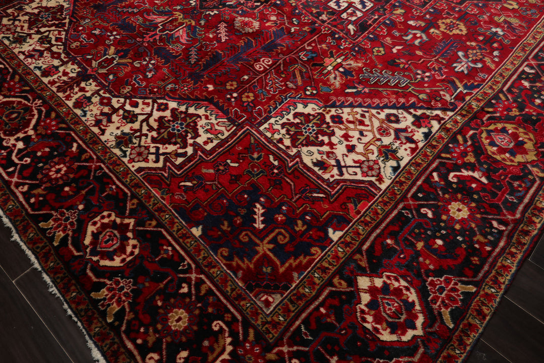 10x13 Red, Navy, Ivory Color Hand Knotted Heriz Wool Traditional Oriental Rug