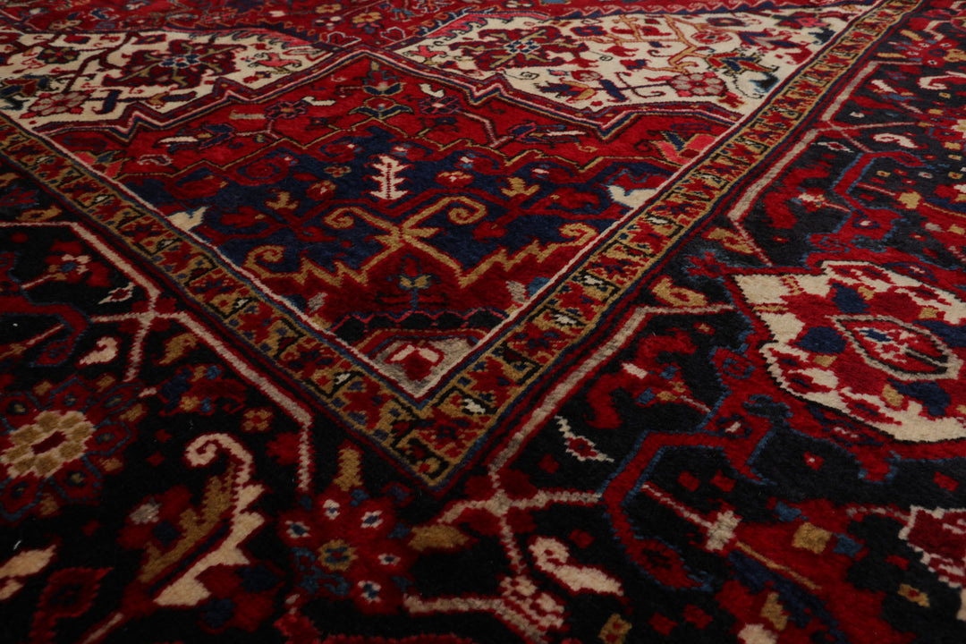 10x13 Red, Navy, Ivory Color Hand Knotted Heriz Wool Traditional Oriental Rug