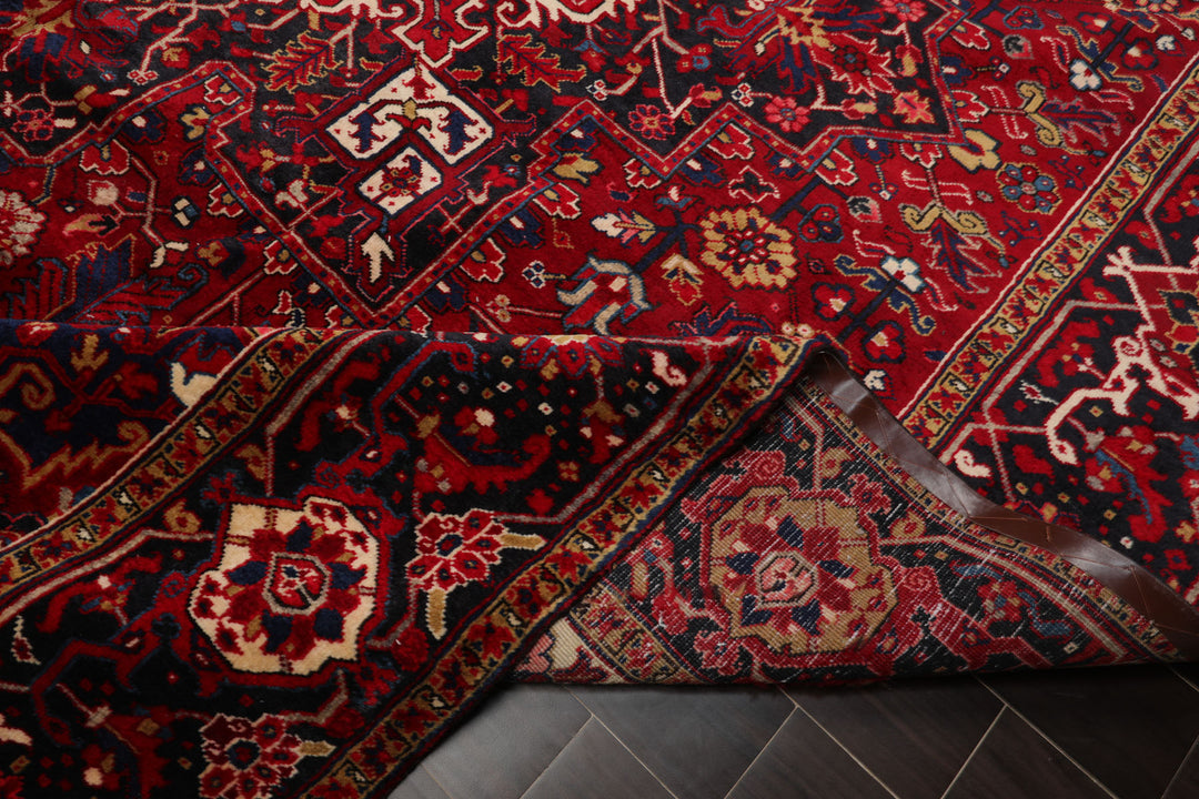 10x13 Red, Navy, Ivory Color Hand Knotted Heriz Wool Traditional Oriental Rug