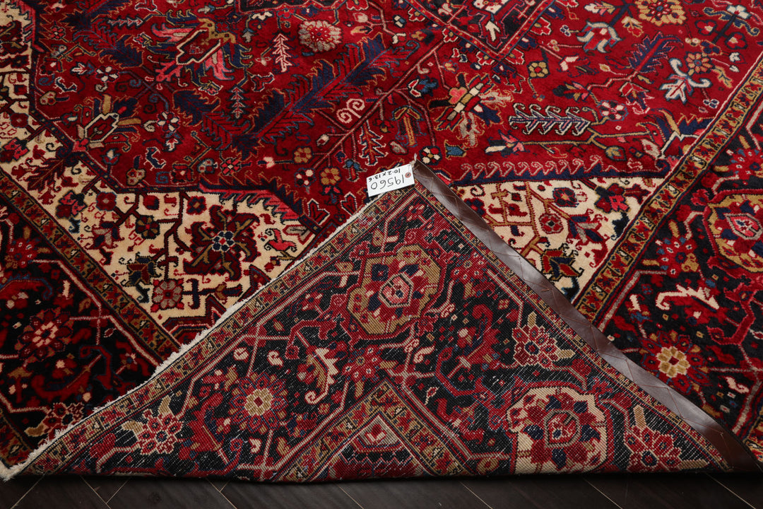 10x13 Red, Navy, Ivory Color Hand Knotted Heriz Wool Traditional Oriental Rug