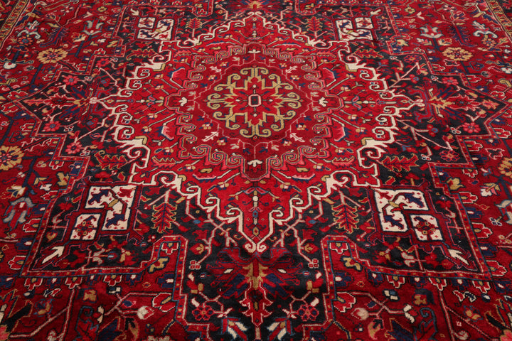 10x13 Red, Navy, Ivory Color Hand Knotted Heriz Wool Traditional Oriental Rug