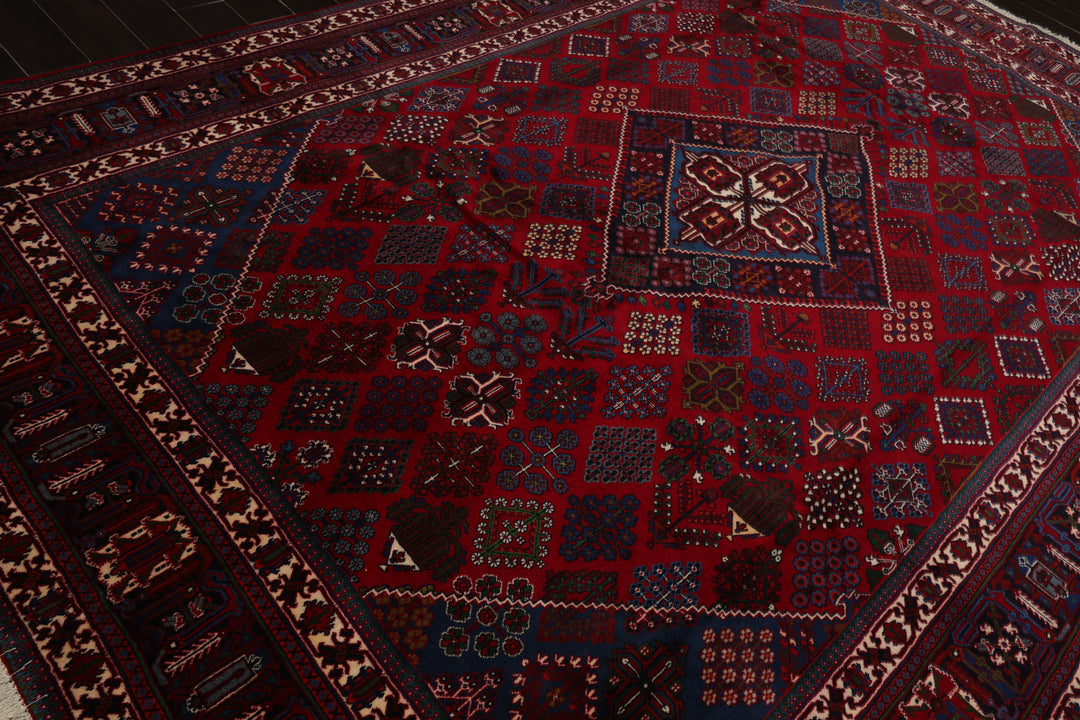 8x12 Red, Navy, Ivory Color Hand Knotted Heriz Wool Traditional Oriental Rug