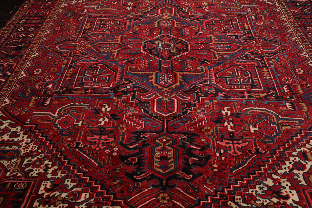 10x12 Red, Charcoal, Blue Color Hand Knotted Heriz Wool Traditional Oriental Rug