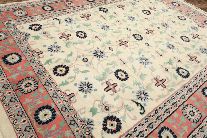 9x12 Ivory, Blush, Aqua Color Hand Knotted Organic Look Wool Traditional Oriental Rug