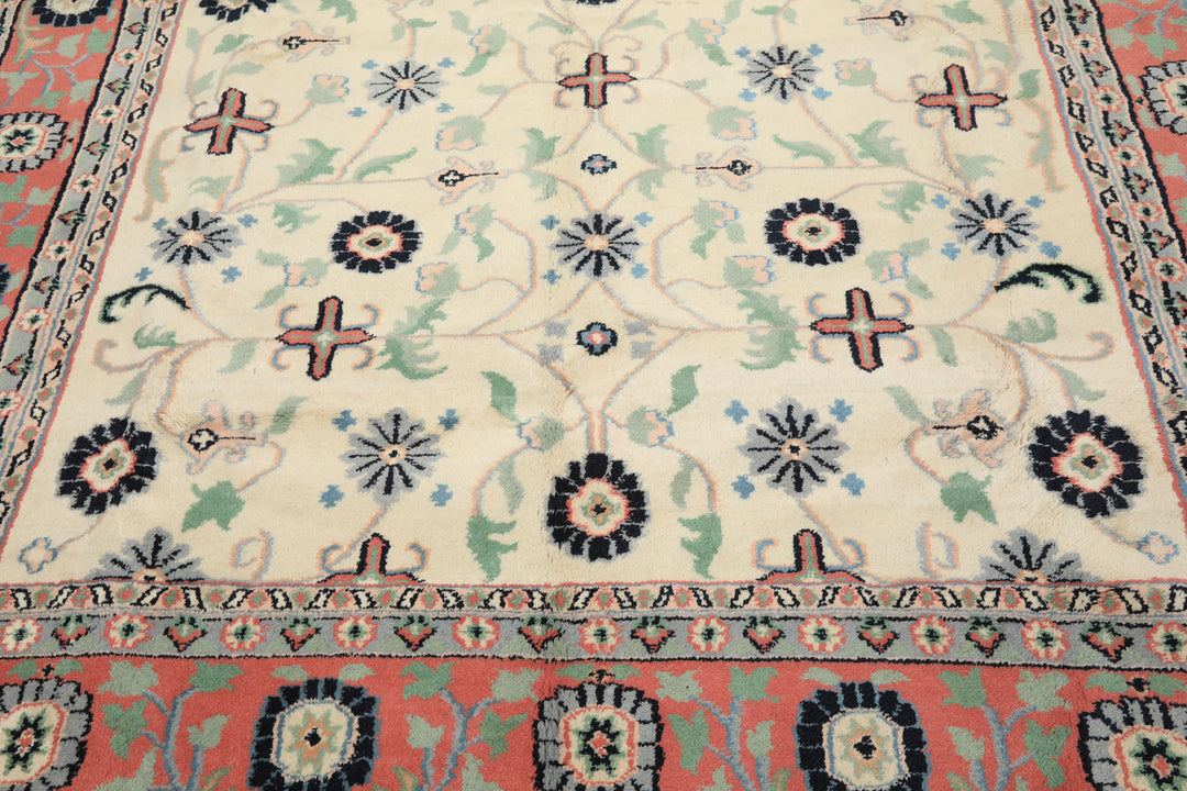 9x12 Ivory, Blush, Aqua Color Hand Knotted Organic Look Wool Traditional Oriental Rug