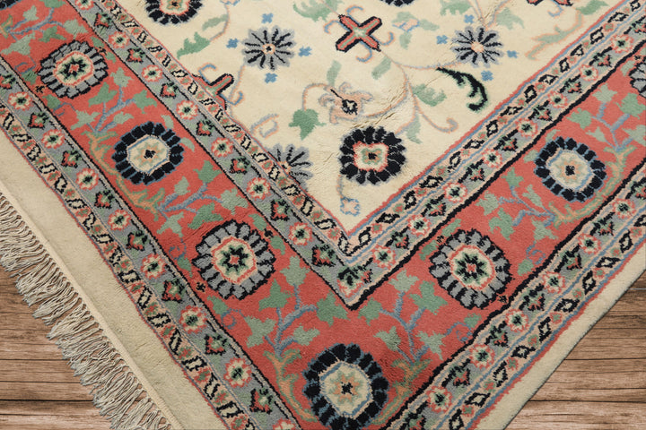 9x12 Ivory, Blush, Aqua Color Hand Knotted Organic Look Wool Traditional Oriental Rug