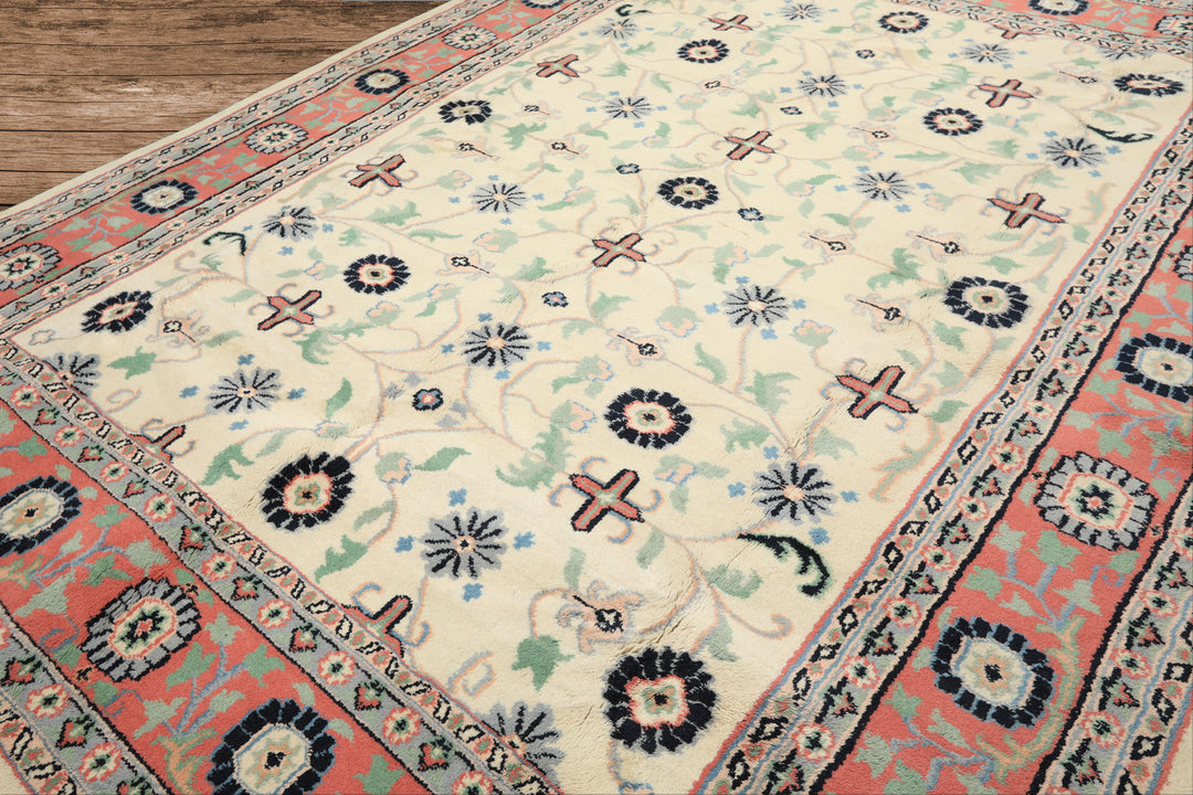 9x12 Ivory, Blush, Aqua Color Hand Knotted Organic Look Wool Traditional Oriental Rug